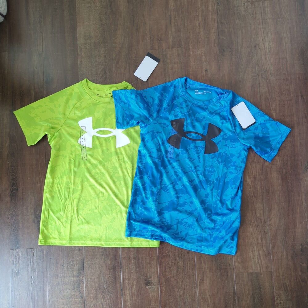 Under Armour NWT Lot of 2 Green Blue Logo Short Sleeve T Shirts Boys Size YM